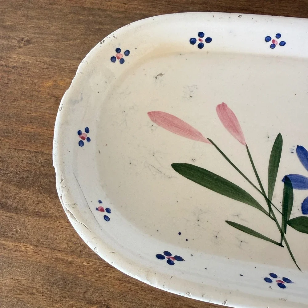 Vintage Hand Painted Floral Ceramic Tray Oval Folk Art Decorative Platter Cream